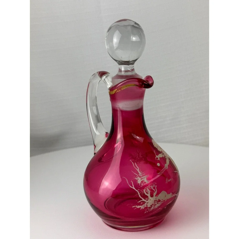 Vintage Mary Gregory Style Cranberry Glass Decanter Pink Enamel Girl 7.5in Good